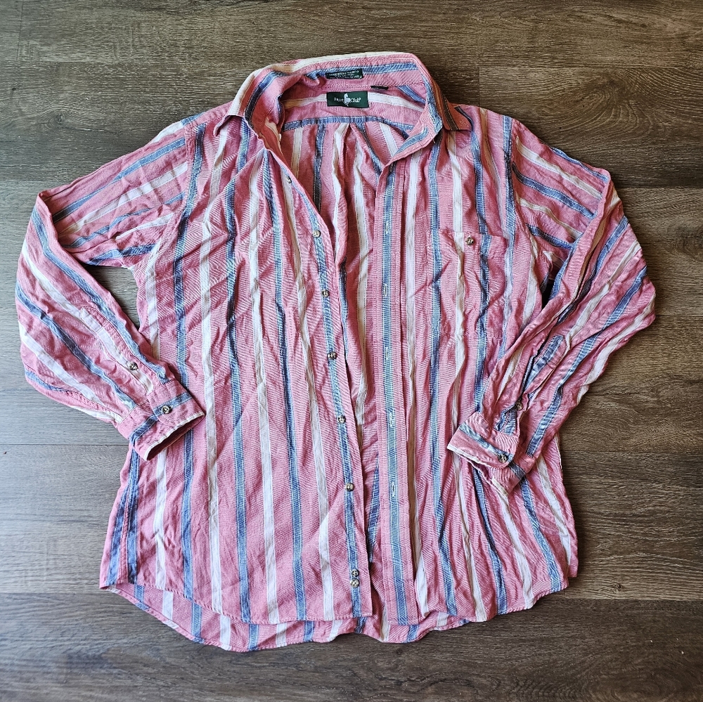 60s 70s vintage single needle tailoring mens Hunt Club pink striped button down